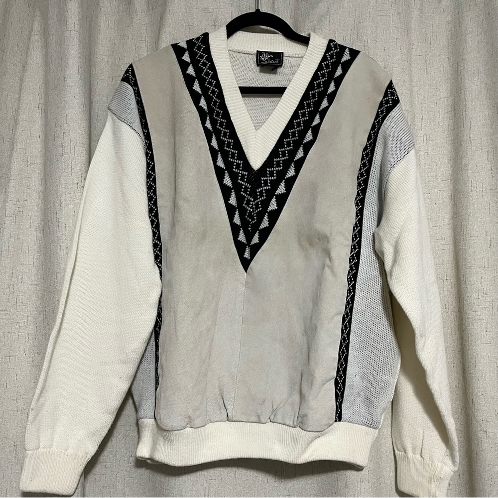 Alan Stuart Vintage V-Neck Leather Sweater in White, Gray, and Black